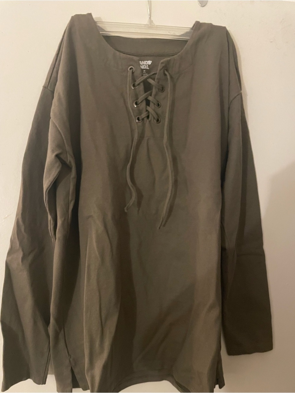 Lands End Olive Lace-Up Crewneck long sleeve shirt